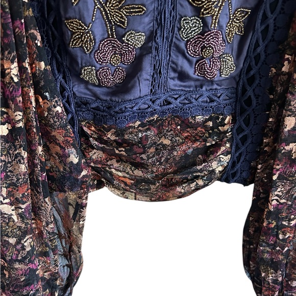 Free People Camille Top Black Embellished Blouse Black Purple Gold Sparkle XS - Picture 9 of 14